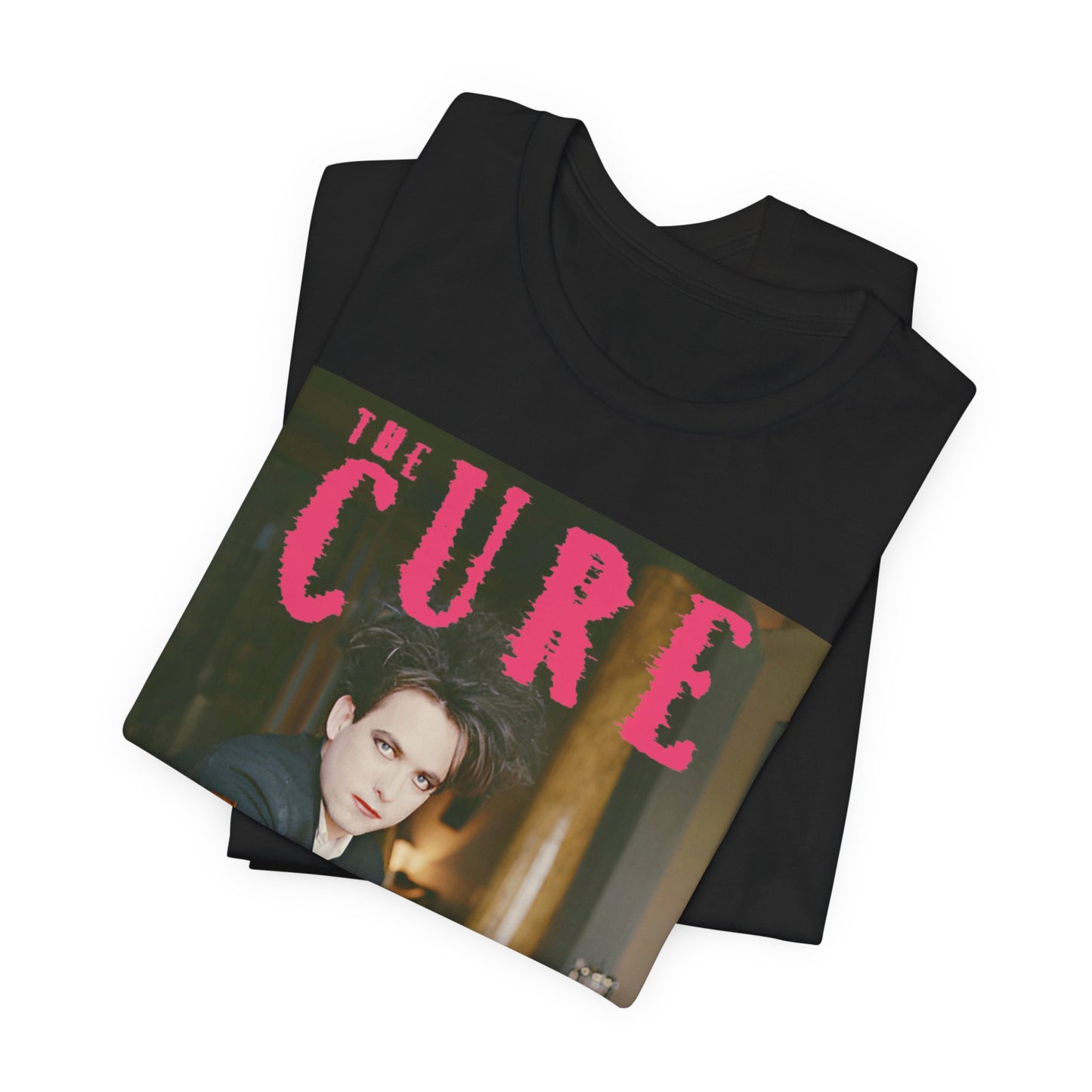 A black graphic t-shirt featuring a retro graphic related to The Cure's 'Disintegration' album era.