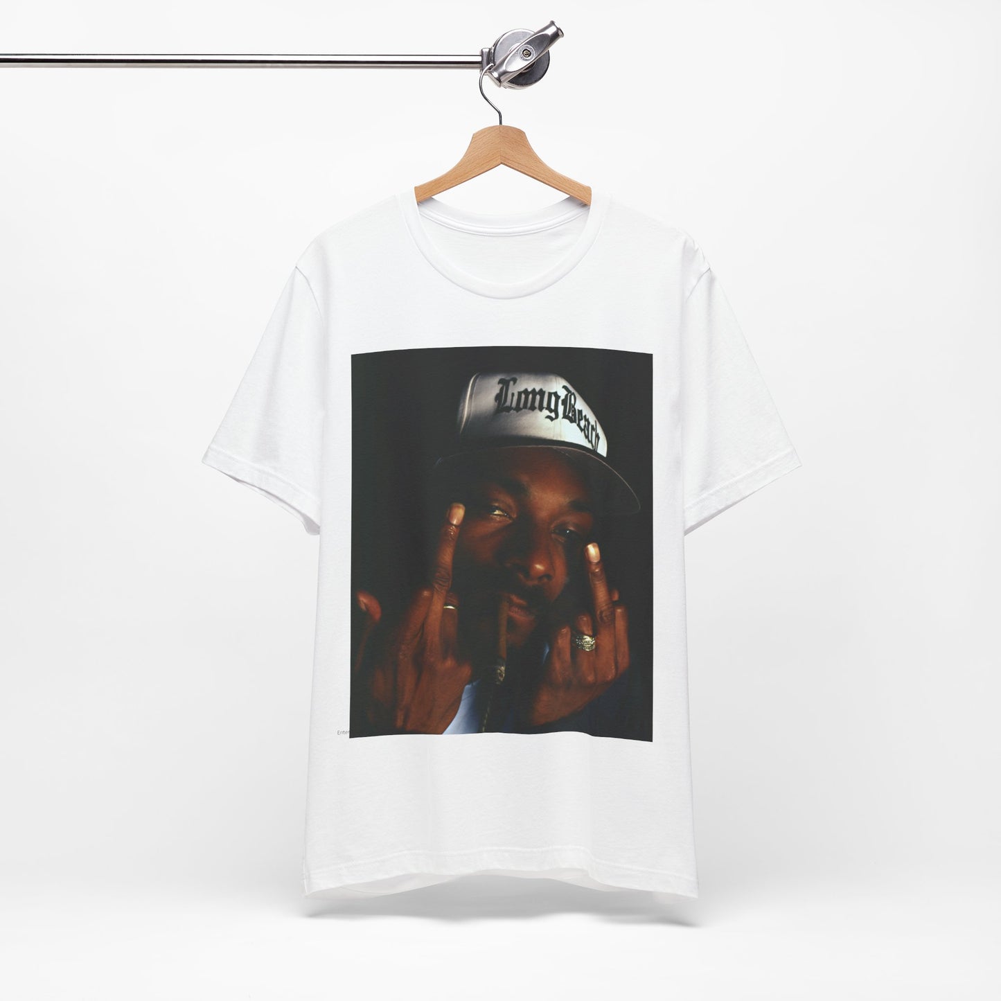 A black graphic t-shirt featuring a graphic of Snoop Dogg giving the middle finger.