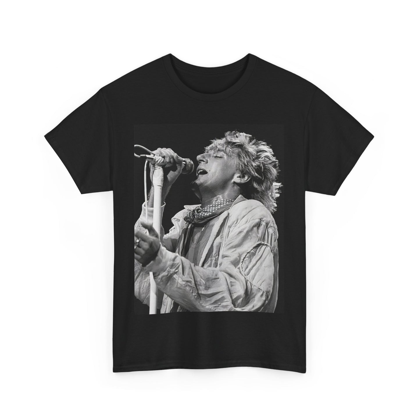 A black graphic t-shirt featuring an 80s black and white monochrome graphic or photo of Rod Stewart.