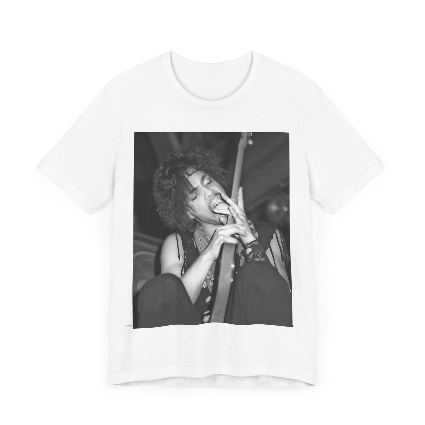 A black graphic t-shirt featuring a graphic or photo of Prince performing wildly on stage.