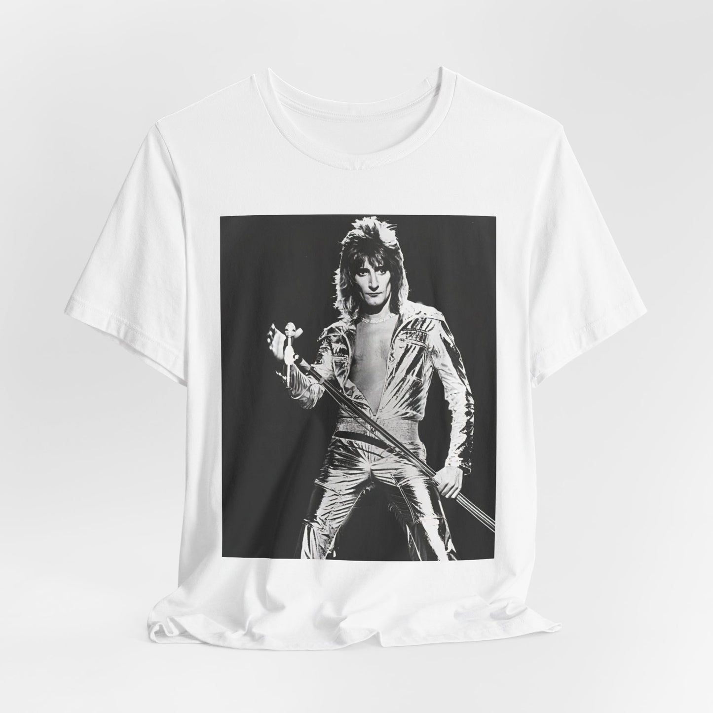 A black graphic t-shirt featuring a 70s black and white monochrome graphic or photo of Rod Stewart.