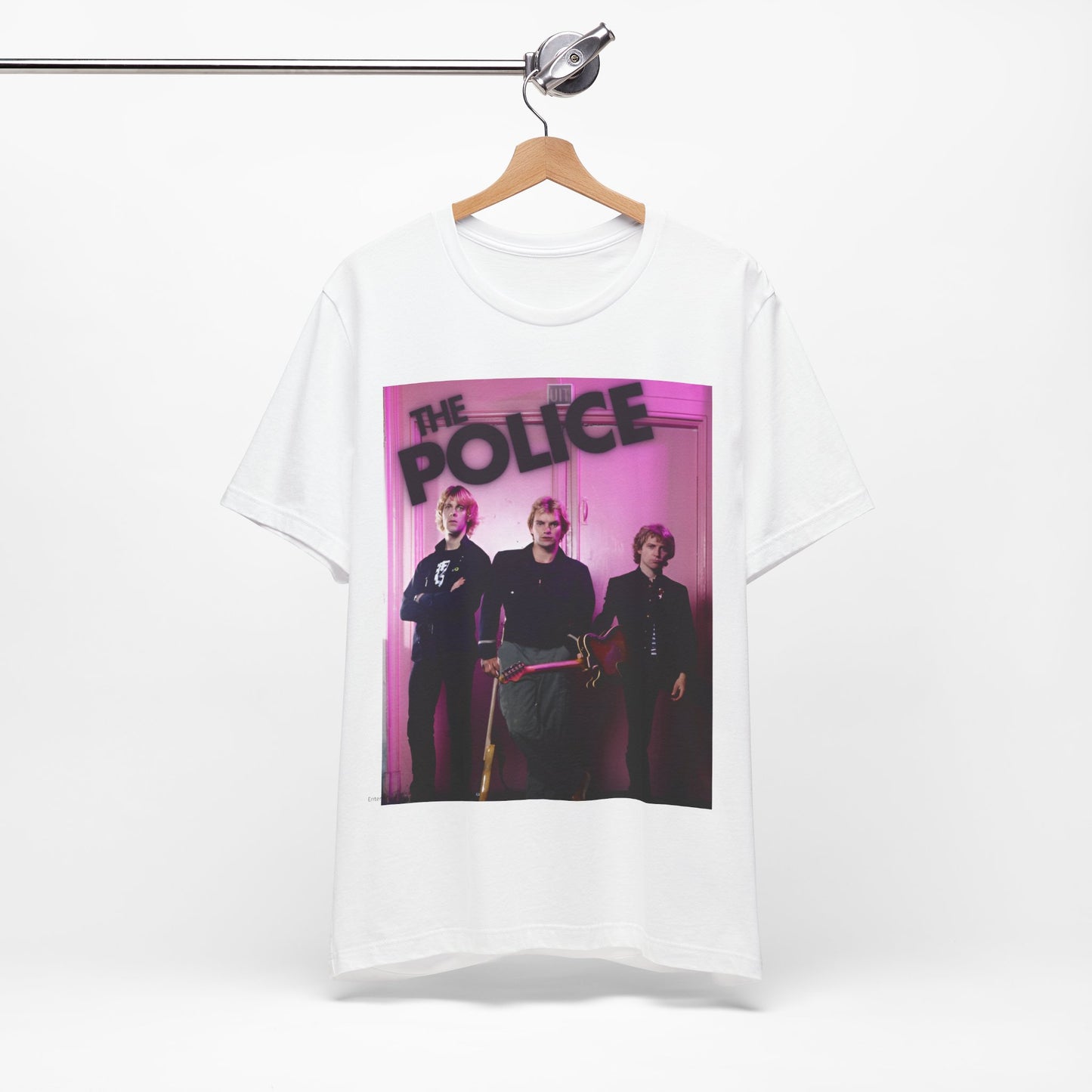 A black graphic t-shirt featuring a classic graphic related to The Police's 'Roxanne' song or era.