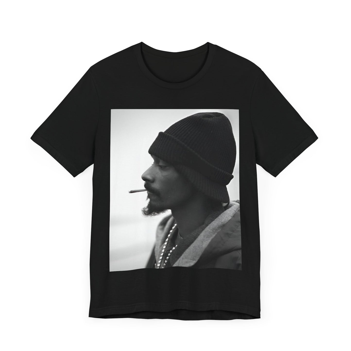 A black graphic t-shirt featuring a graphic of Snoop Dogg designed for everyday West Coast style.