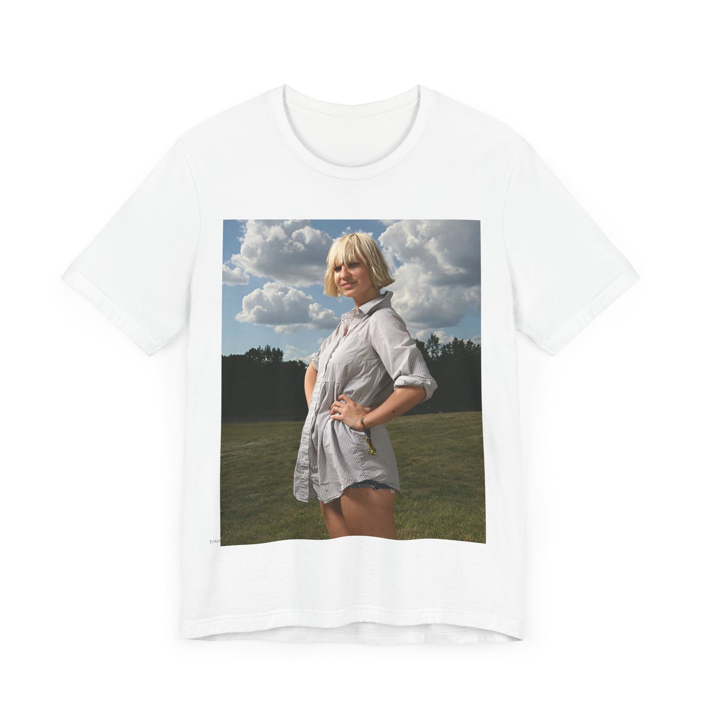 A black graphic t-shirt featuring a bold graphic of Sia as a pop superstar.
