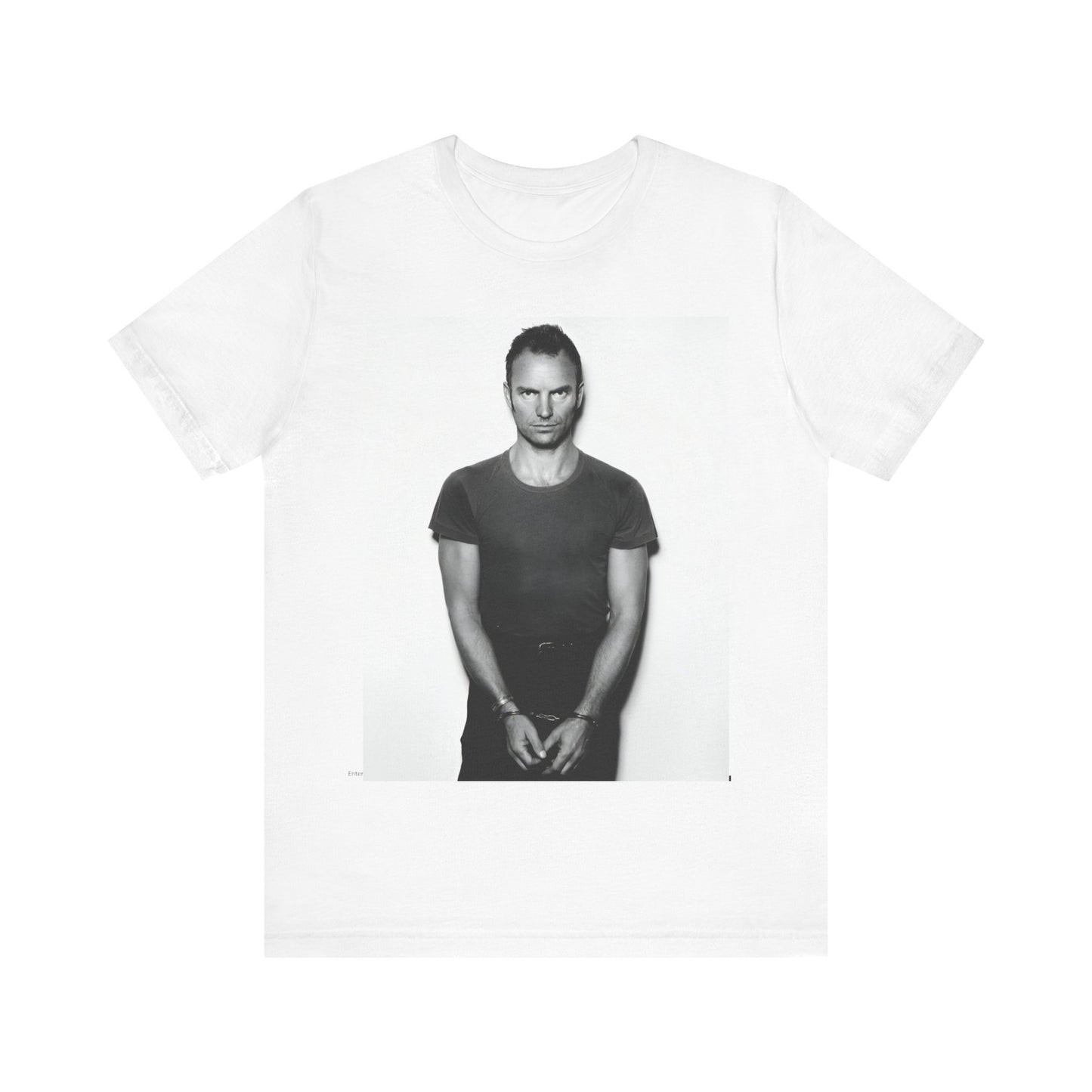 A black graphic t-shirt featuring a black and white portrait photo of Sting.