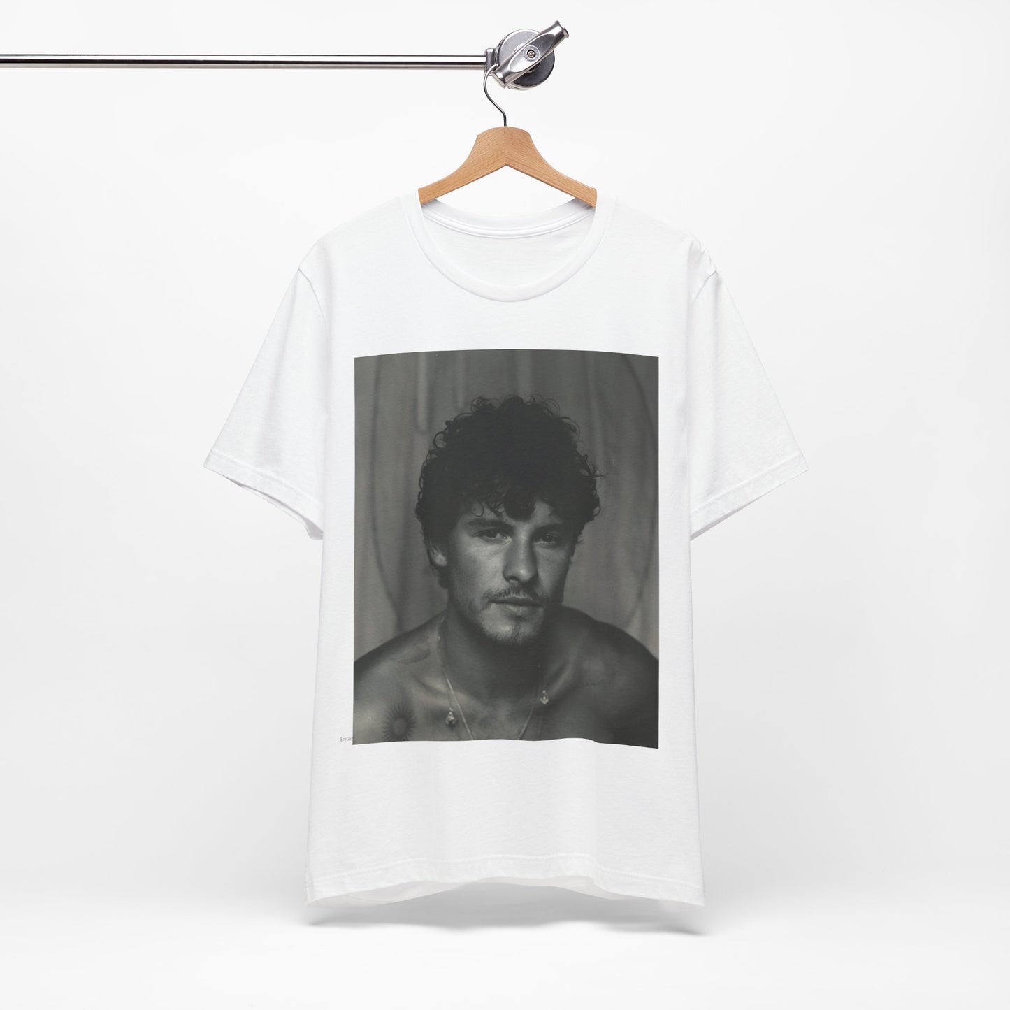 A black graphic t-shirt featuring a fearless portrait graphic of Shawn Mendes.