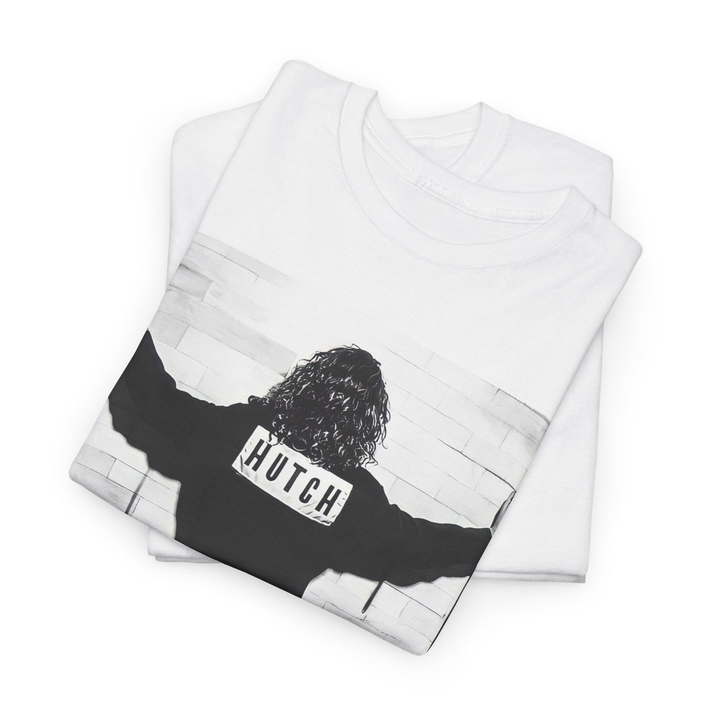 A black graphic t-shirt featuring a graphic of Michael Hutchence from INXS, labeled 'Hutch'.