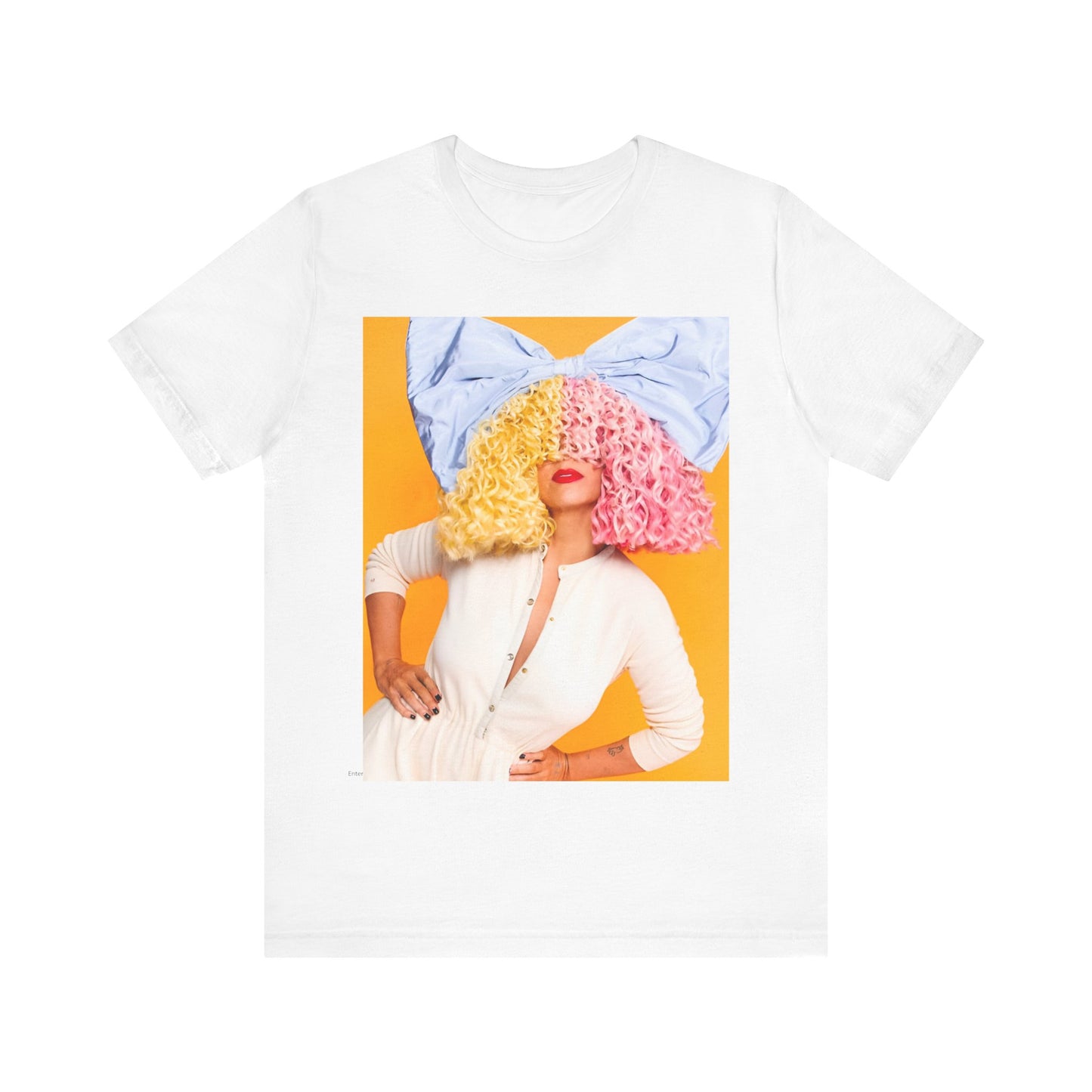 A black graphic t-shirt featuring a chill indie pop graphic of Sia.