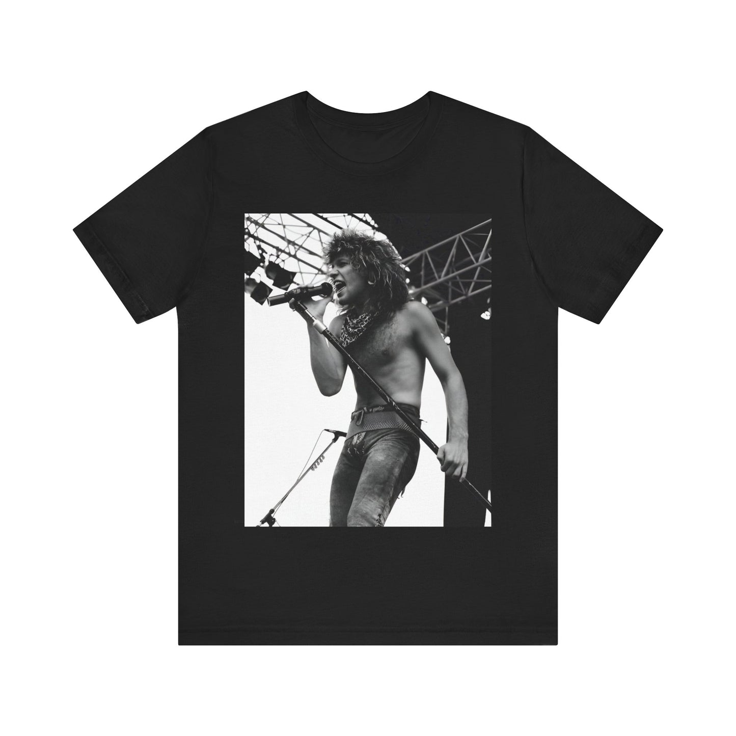 A black graphic t-shirt featuring a retro tour graphic for Bon Jovi's '88 tour.