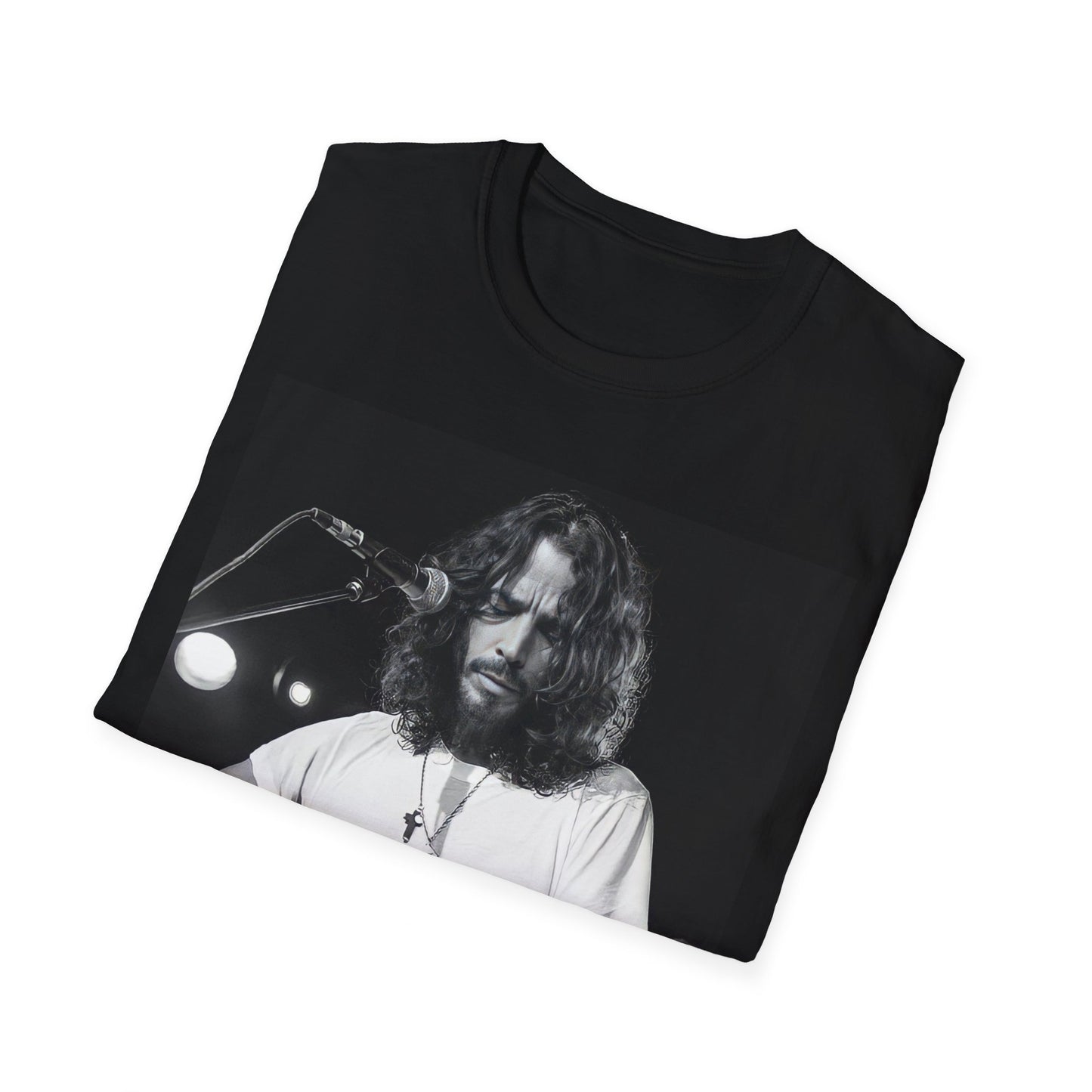 A black graphic t-shirt featuring a retro graphic of Chris Cornell playing guitar live on stage.