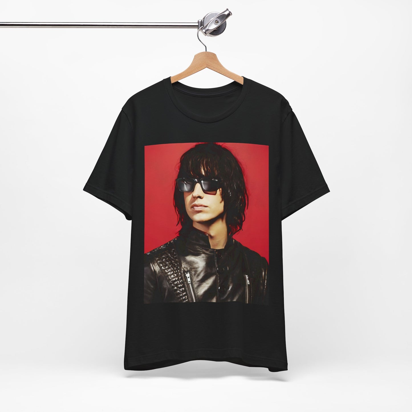 A black graphic t-shirt featuring a 2000s indie aesthetic graphic of Julian Casablancas from The Strokes.