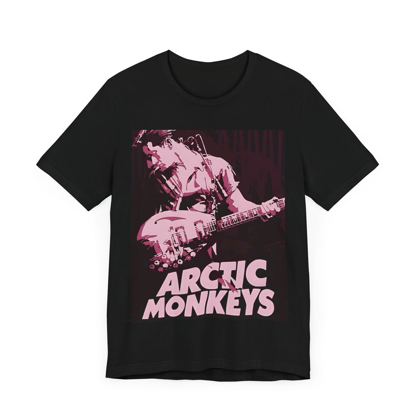 A black graphic t-shirt featuring the Arctic Monkeys logo in a prominent pink color, creating an aesthetic look.