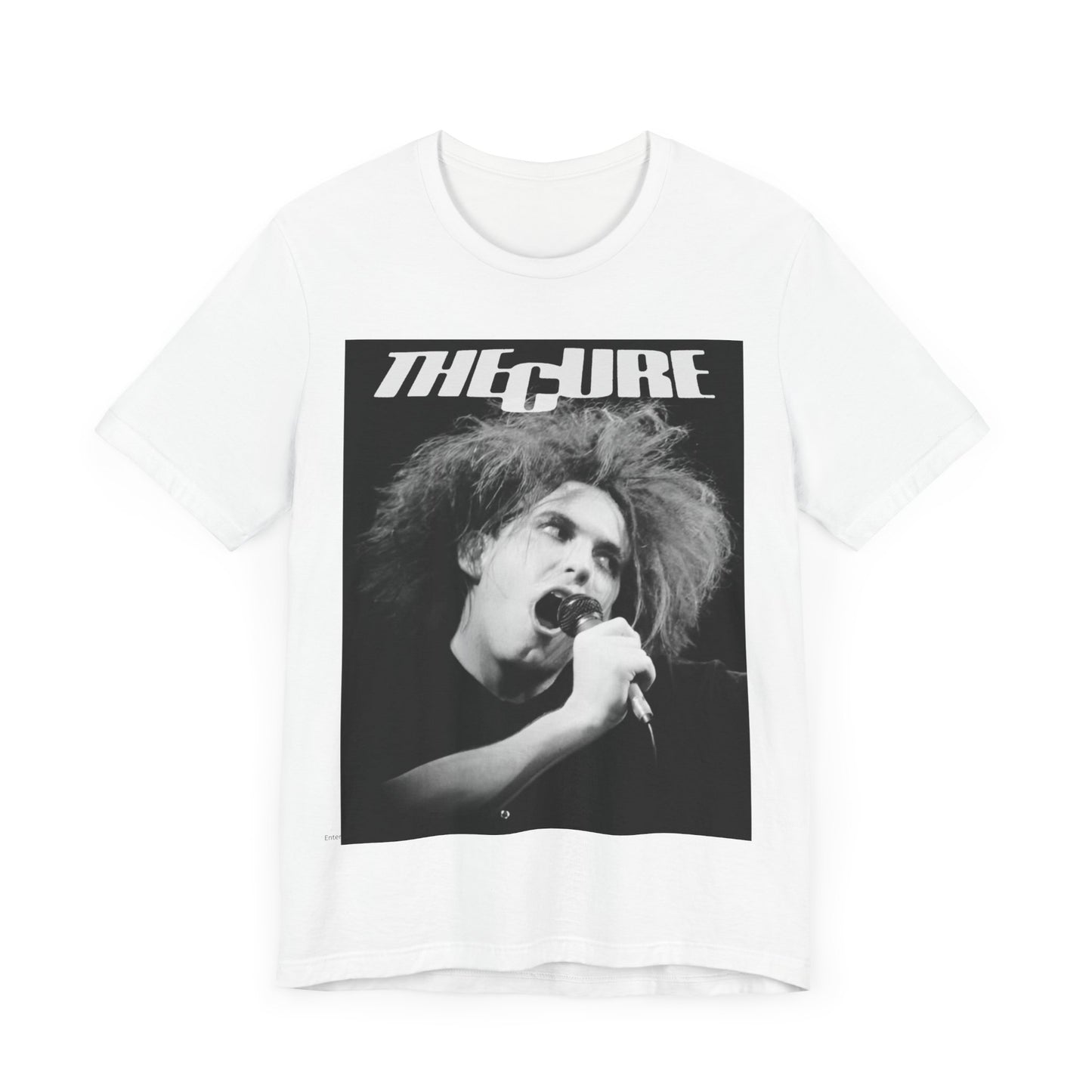 A black graphic t-shirt featuring a graphic of The Cure with a dark romanticism core aesthetic.