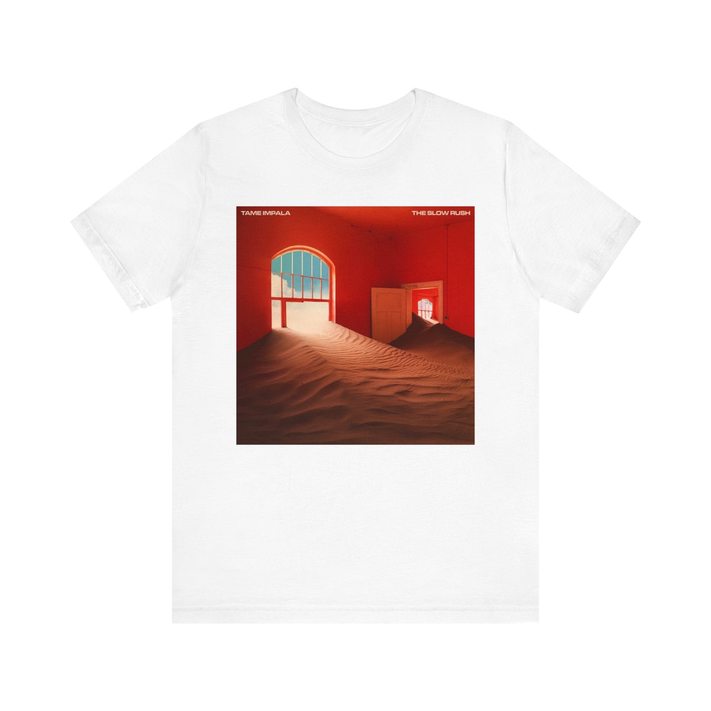 A black graphic t-shirt featuring a graphic related to Tame Impala's 'The Slow Rush' album.
