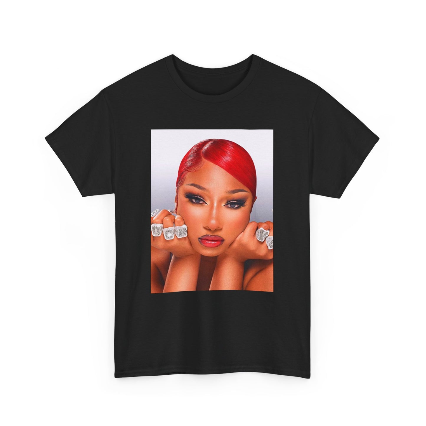 A black graphic t-shirt featuring a bold graphic of Megan Thee Stallion as a rap superstar.