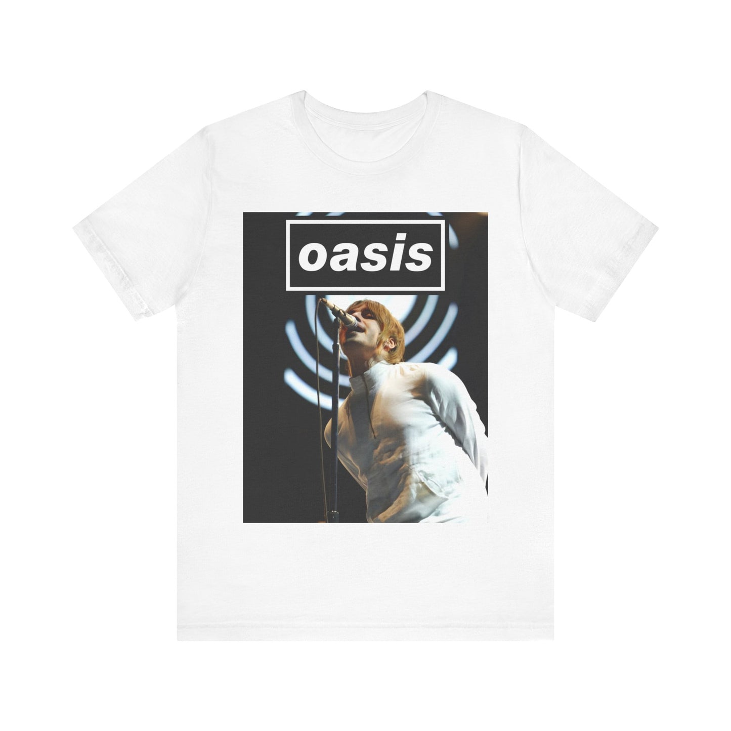 A black graphic t-shirt featuring a graphic or photo of Oasis performing live.