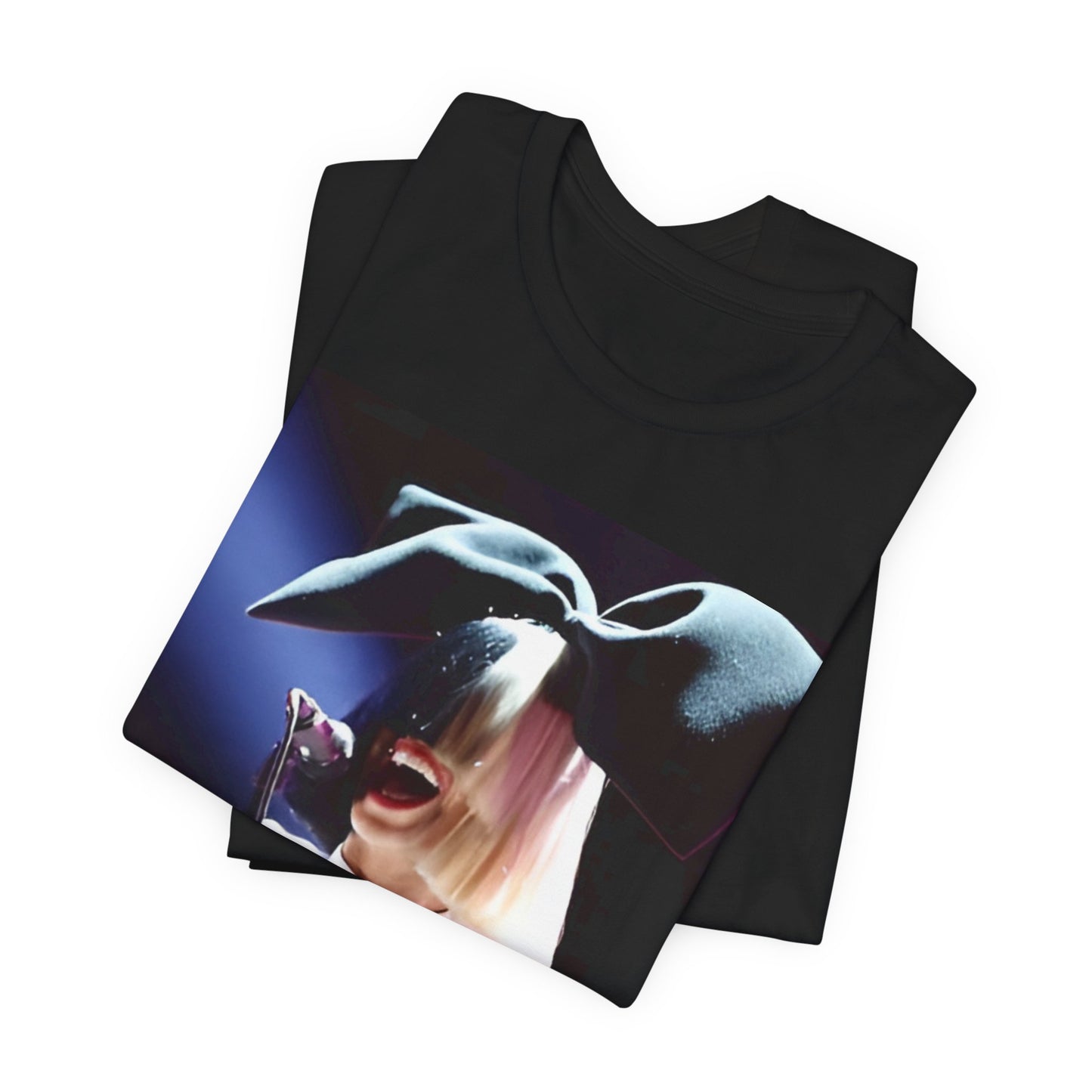 A black graphic t-shirt featuring a graphic related to Sia's 'Elastic Heart' live era.