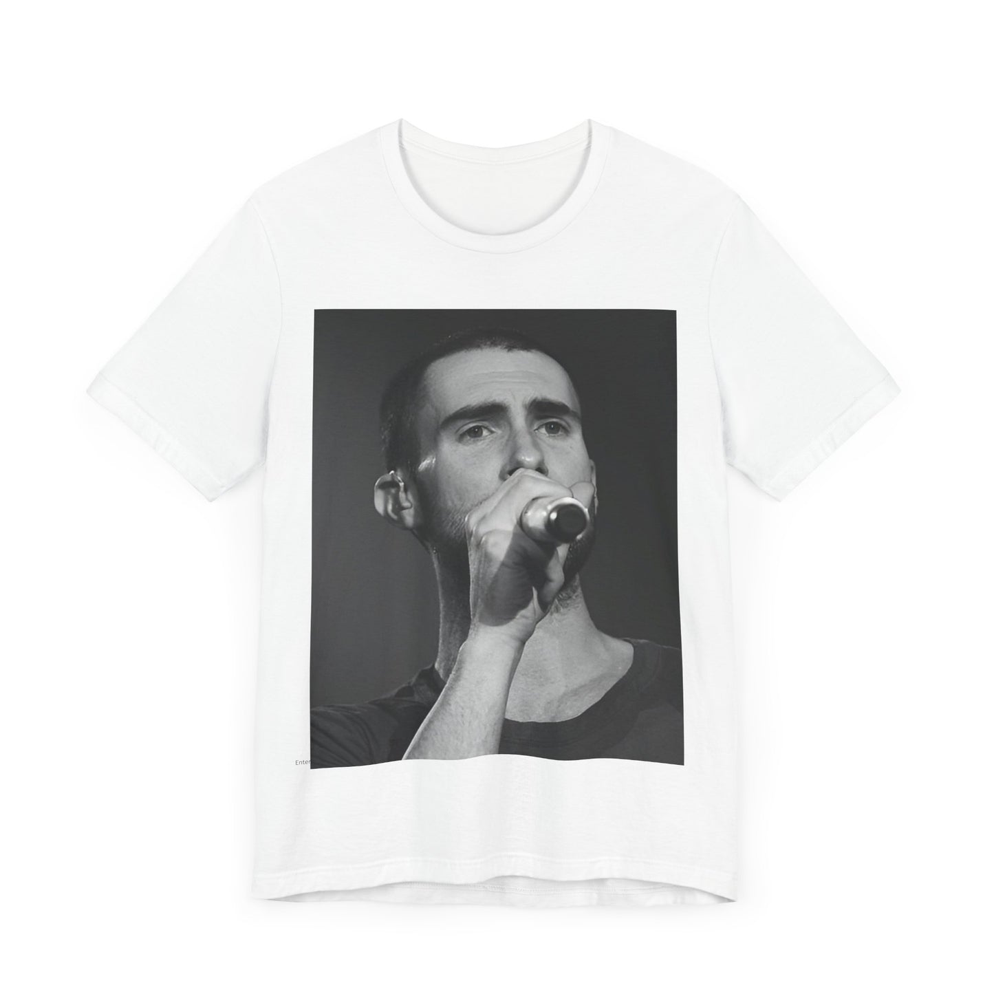 A rare, vintage black and white photo of a very young Maroon 5, from their early garage band days, printed on a t-shirt.