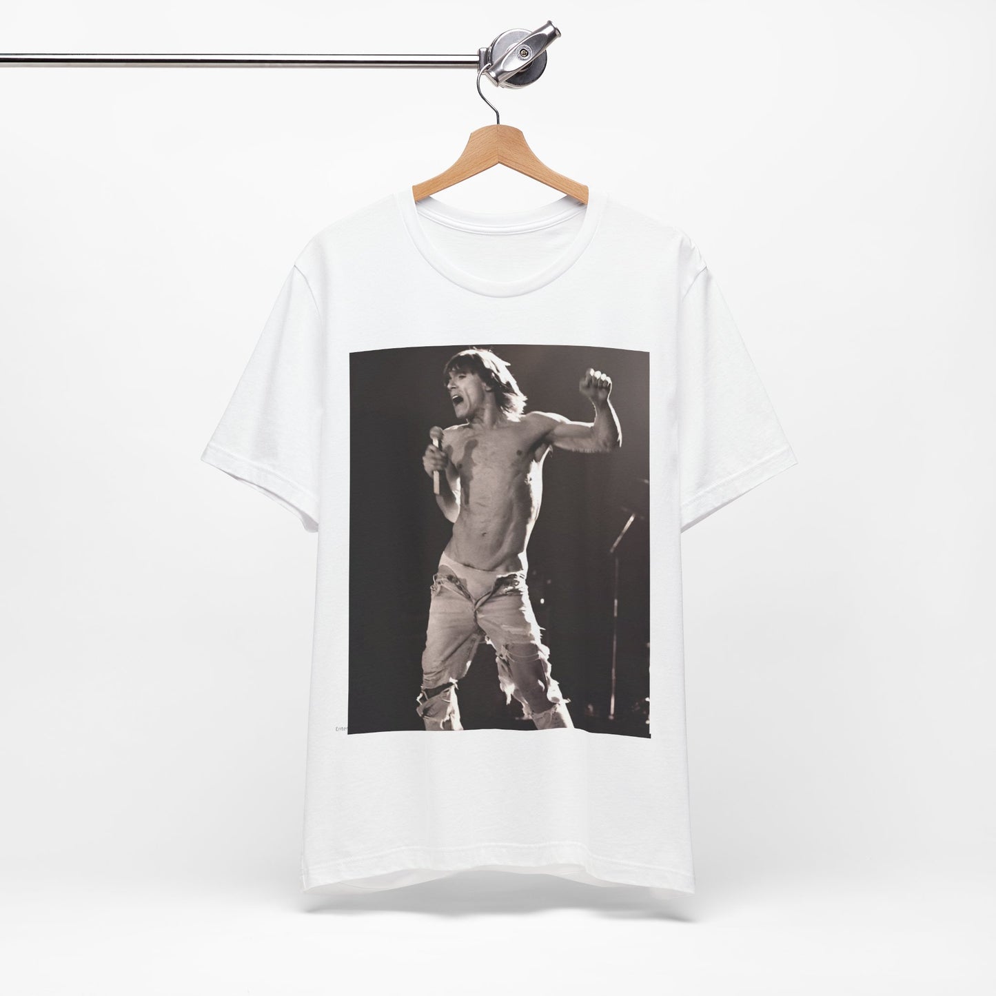A black graphic t-shirt featuring a black and white graphic or photo of Iggy Pop performing live on stage.