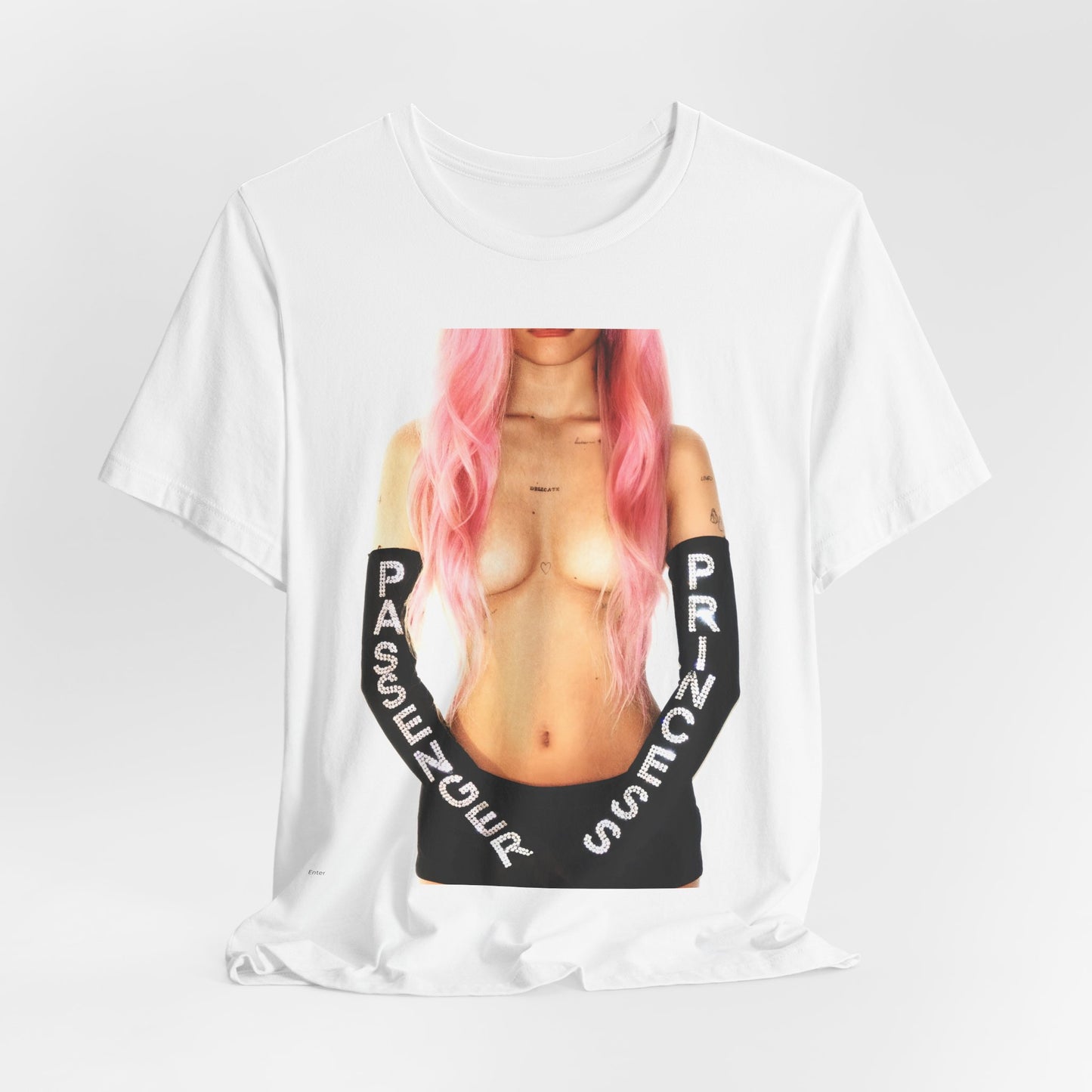 A black graphic t-shirt featuring a graphic of Nessa Barrett with a 'Passenger Princess' theme.