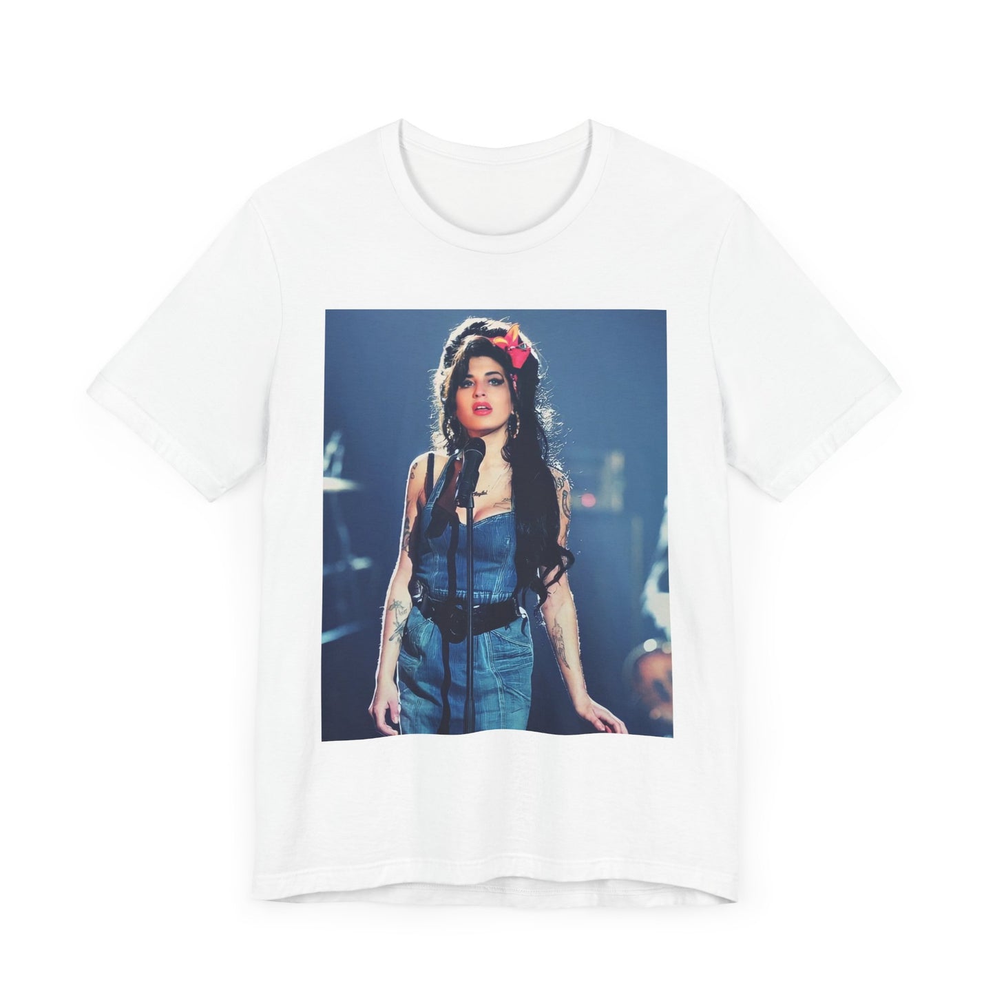 A black graphic t-shirt featuring a graphic related to Amy Winehouse's 'Back to Black' album, emphasizing a soulful aesthetic.