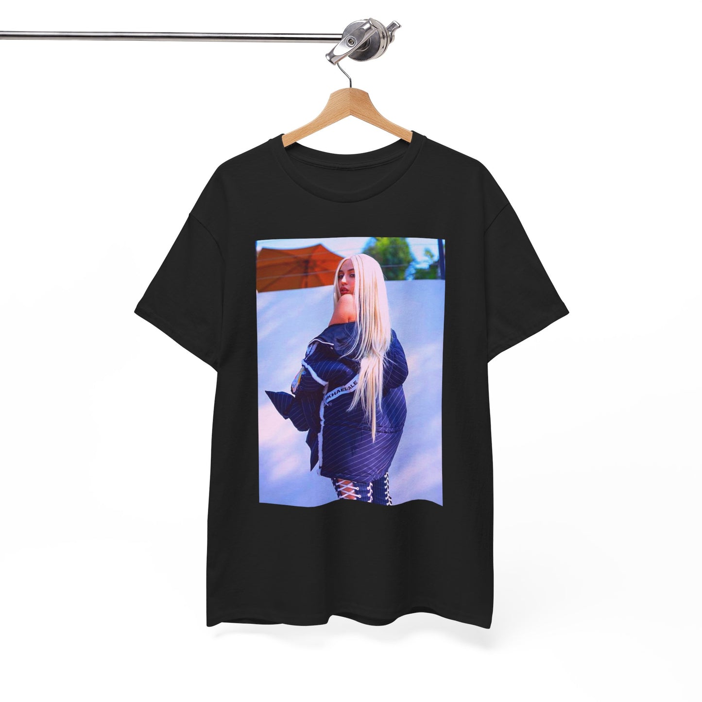 A black graphic t-shirt featuring a photo of Ava Max in a stylish pose, showcasing her elegance.