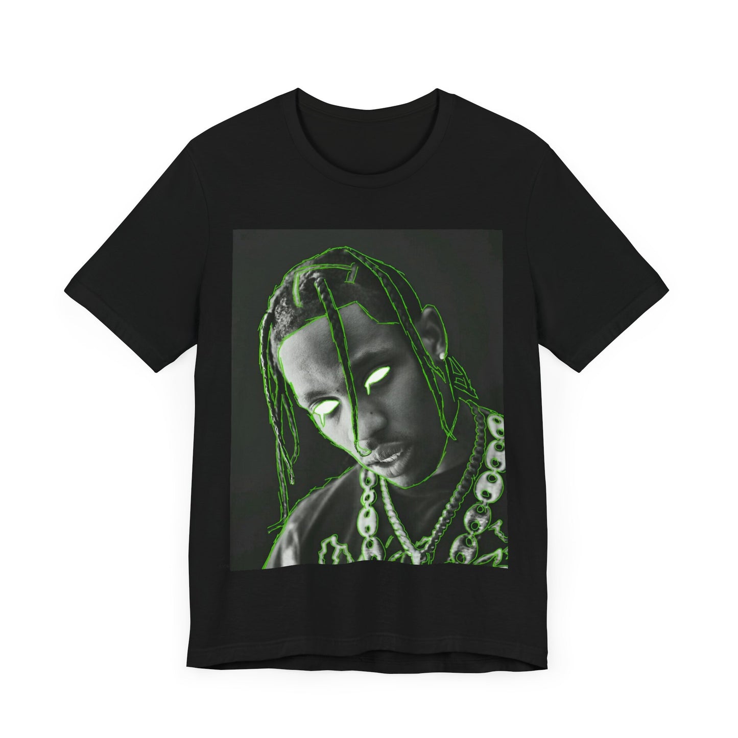 A black graphic t-shirt featuring a retro graphic related to Travis Scott's 'Sicko Mode' song or era.