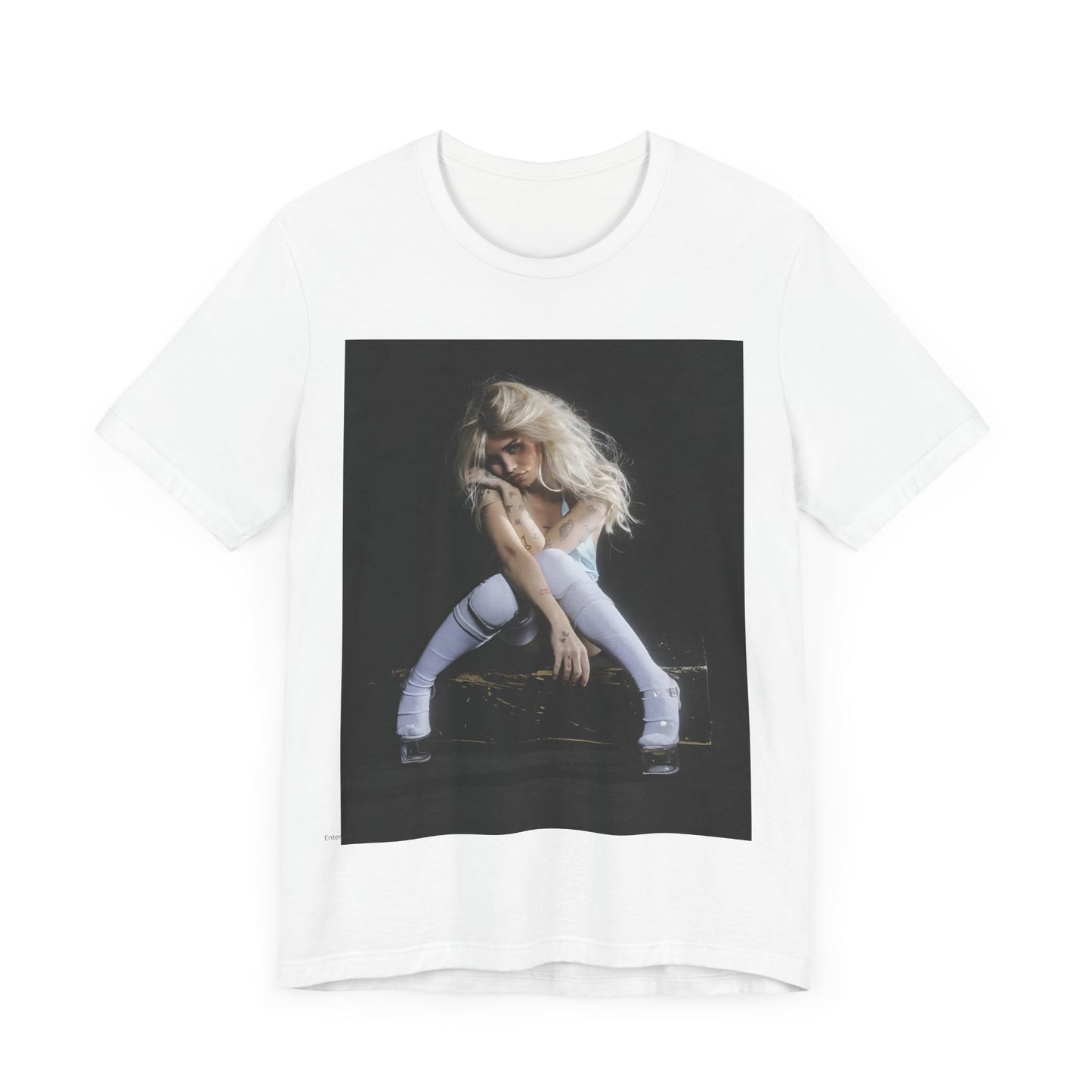 A black graphic t-shirt featuring a graphic of Nessa Barrett with dark pop vibes aesthetic.