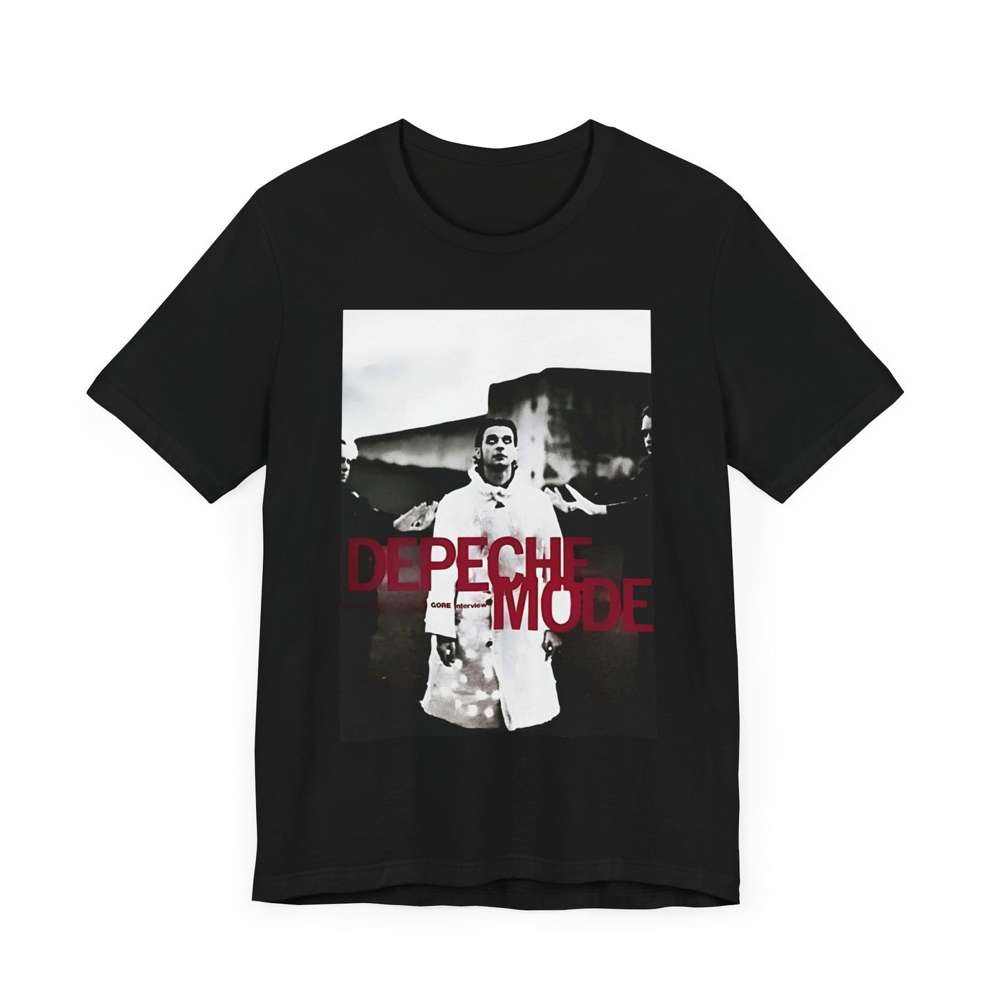 A black graphic t-shirt featuring a graphic related to Depeche Mode's 'Policy of Truth' song or era.