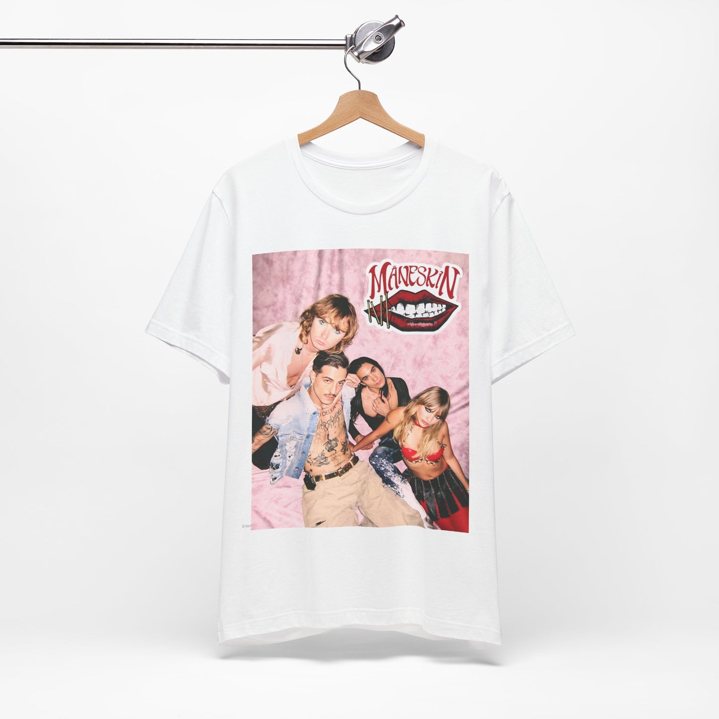 A black graphic t-shirt featuring a graphic related to Maneskin's 'I Wanna Be Your Slave' song or era.
