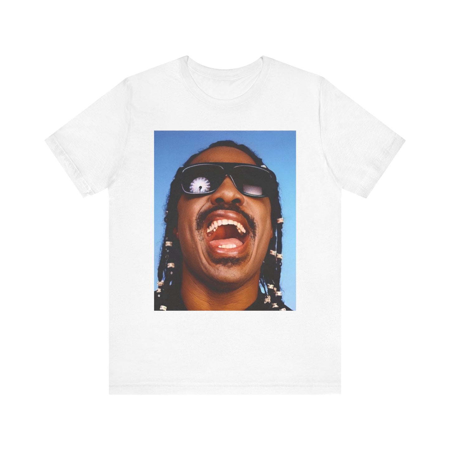 A black graphic t-shirt featuring a bold soul superstar graphic of Stevie Wonder.
