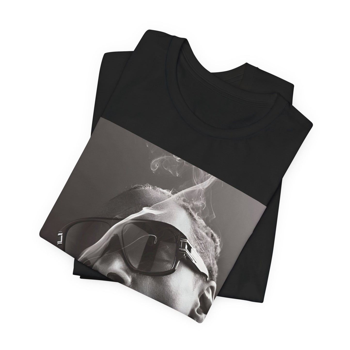 A black graphic t-shirt featuring an iconic black and white shaded portrait graphic of Snoop Dogg.