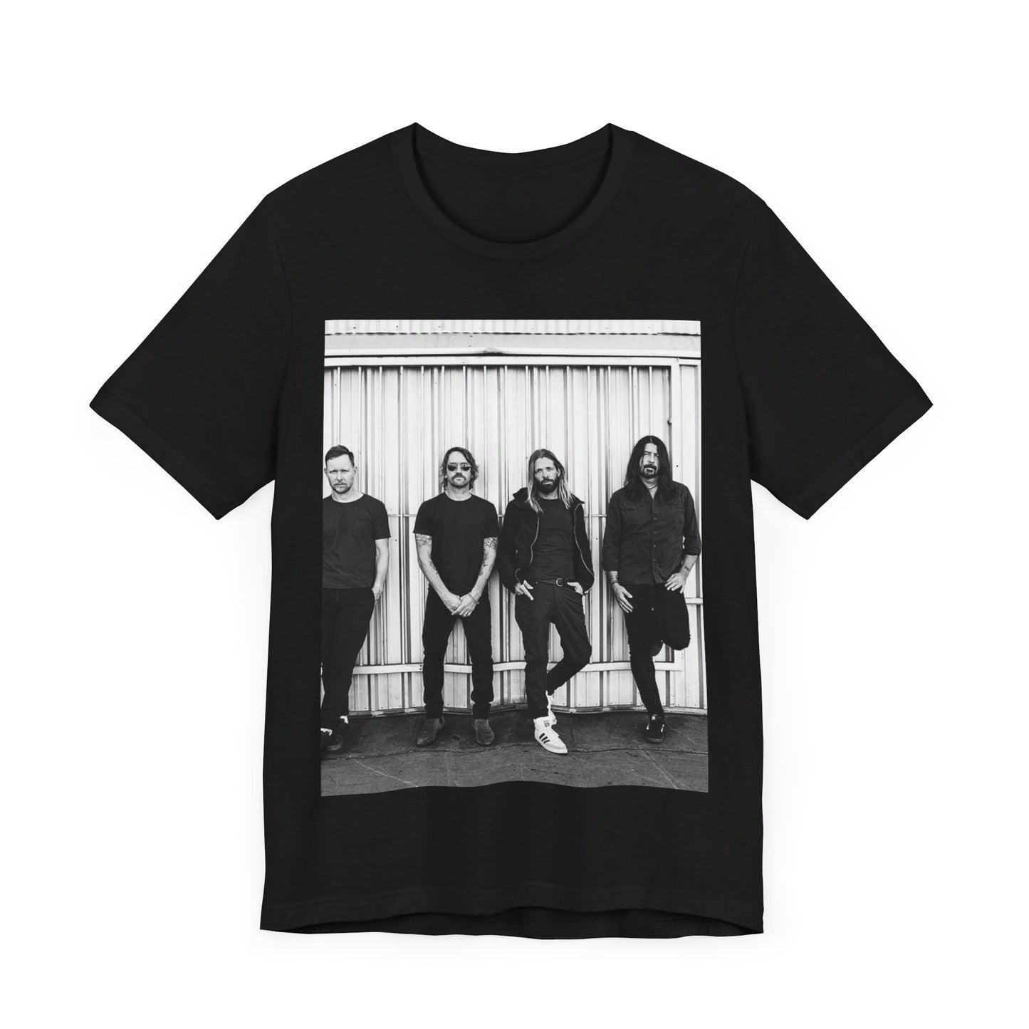 A black graphic t-shirt featuring a photo portrait of the band Foo Fighters.