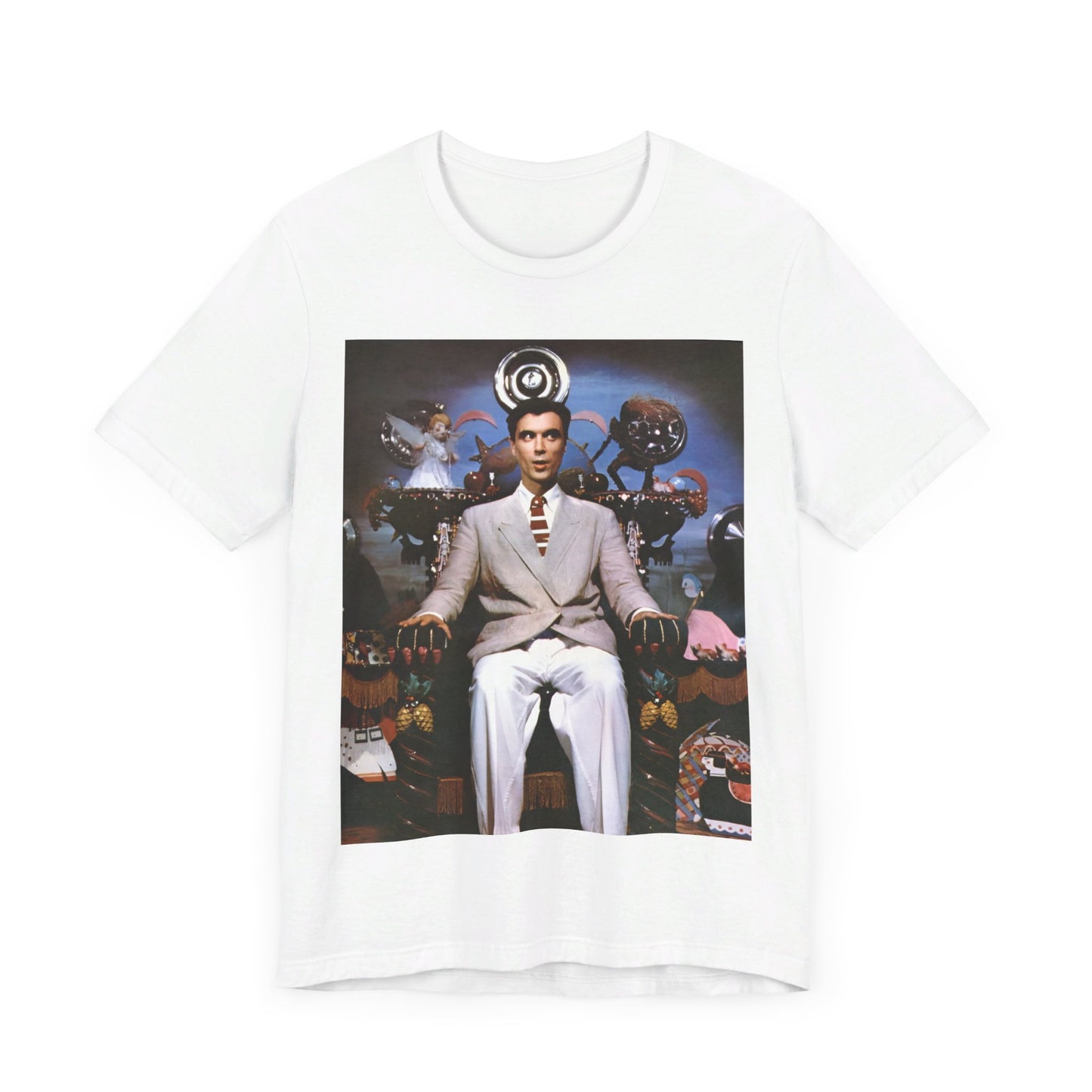 A black graphic t-shirt featuring a graphic related to Talking Heads' 'Psycho Killer' song or era.