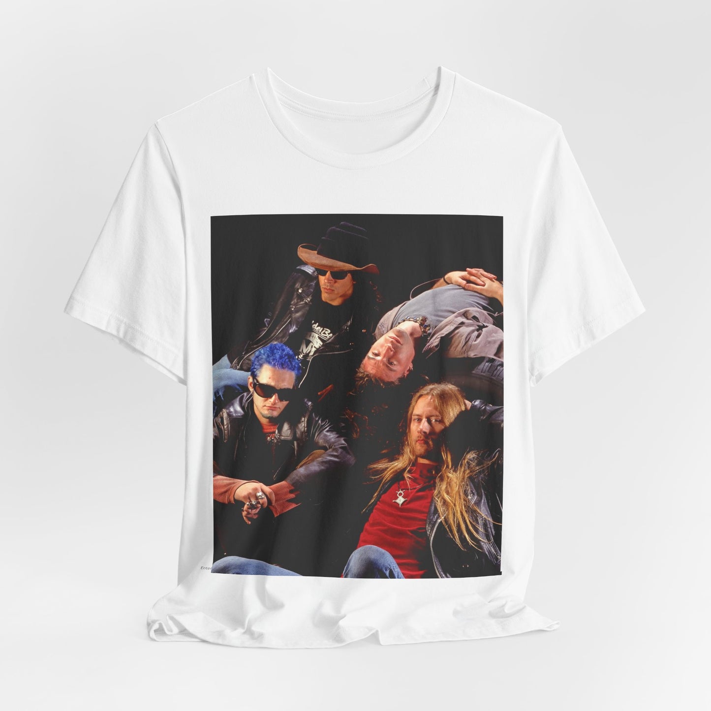 A black graphic t-shirt featuring a 90s grunge rock band graphic for Alice In Chains, possibly with band members or stylized elements.