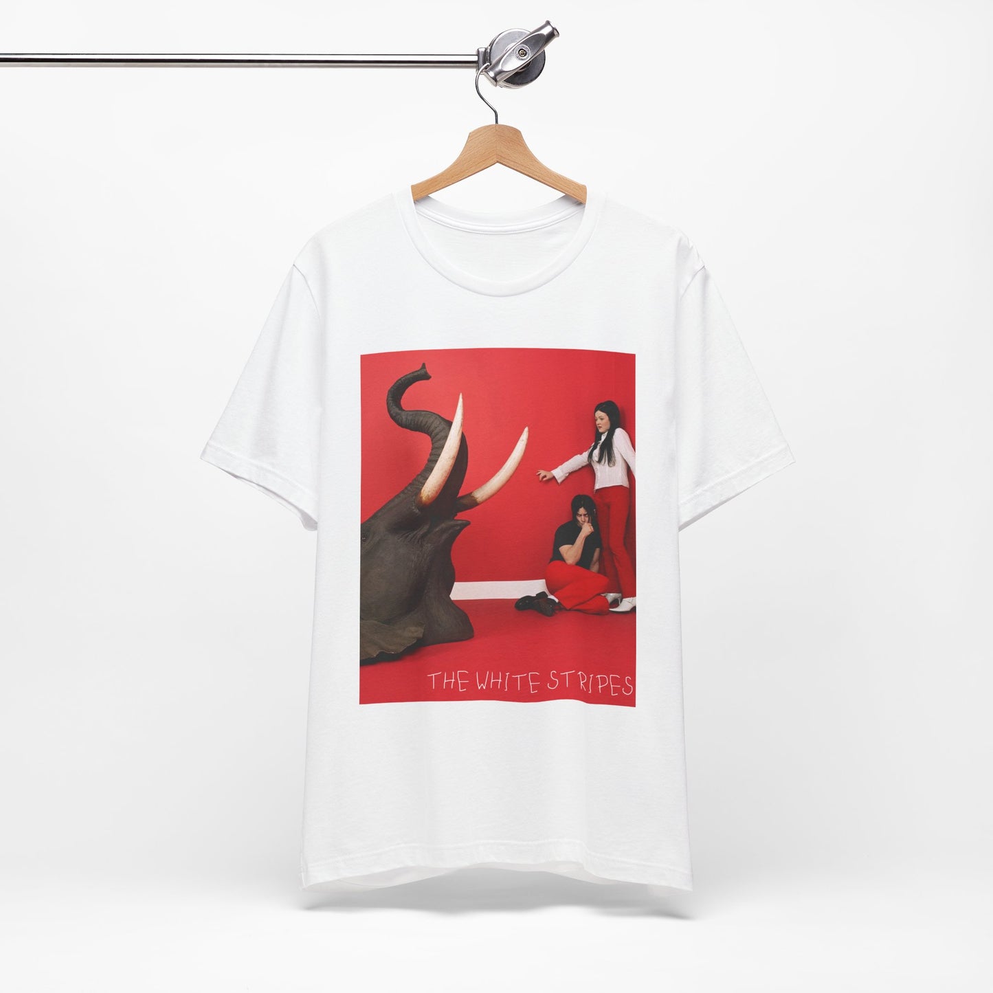 A black graphic t-shirt featuring a graphic related to The White Stripes' 'Elephant' album.