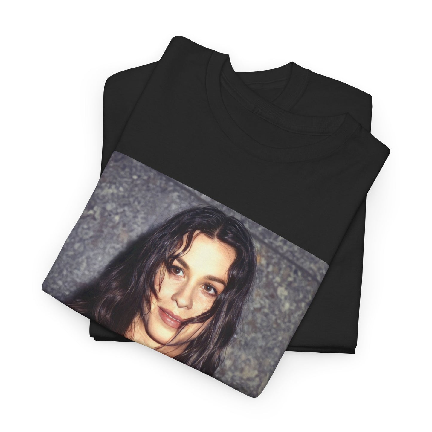 A black graphic t-shirt featuring a classic portrait or graphic of Alanis Morissette.