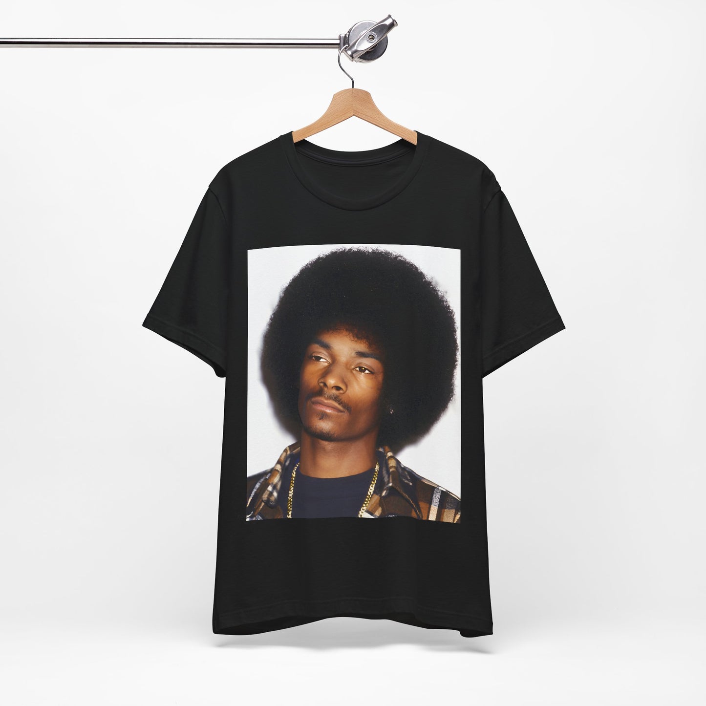 A black graphic t-shirt featuring a 90s vintage hip hop icon graphic of Snoop Dogg.