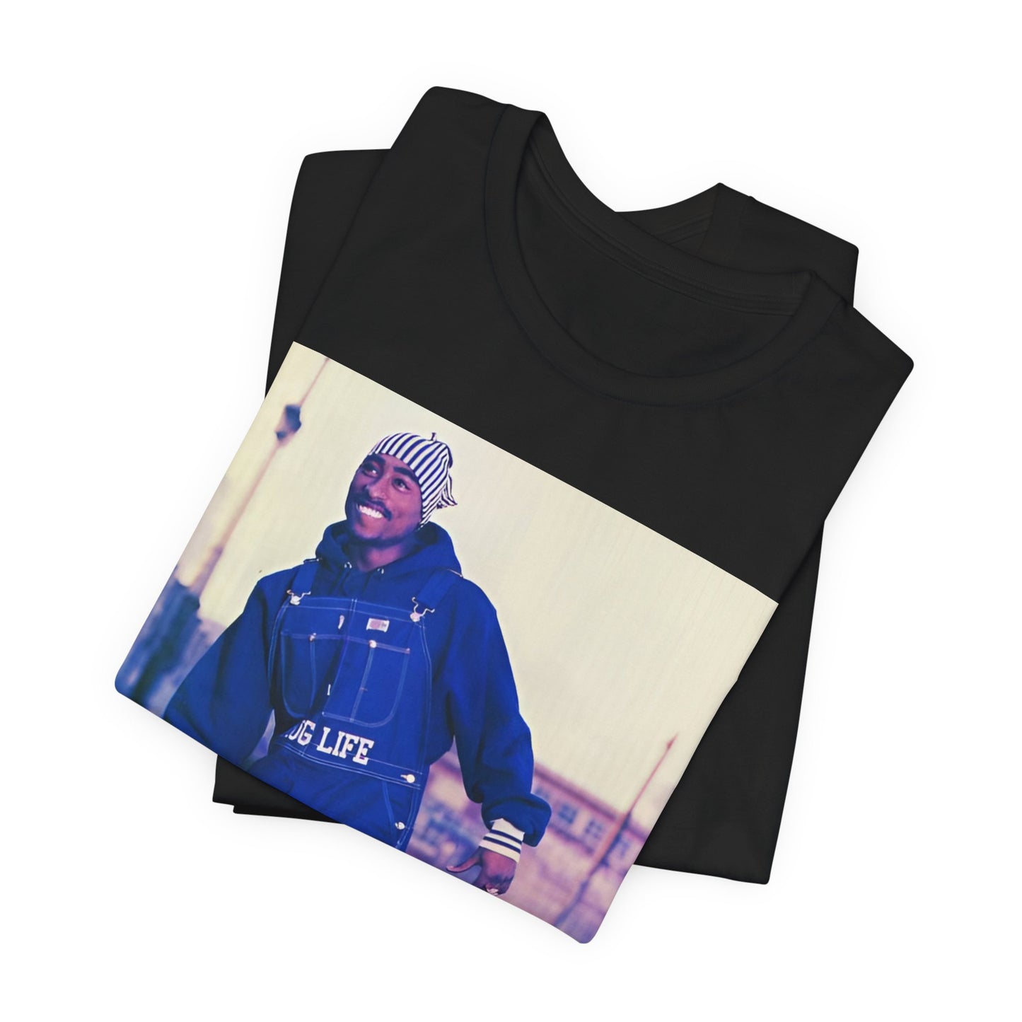 A black graphic t-shirt featuring a retro graphic related to Tupac's 'All Eyez On Me' album era.