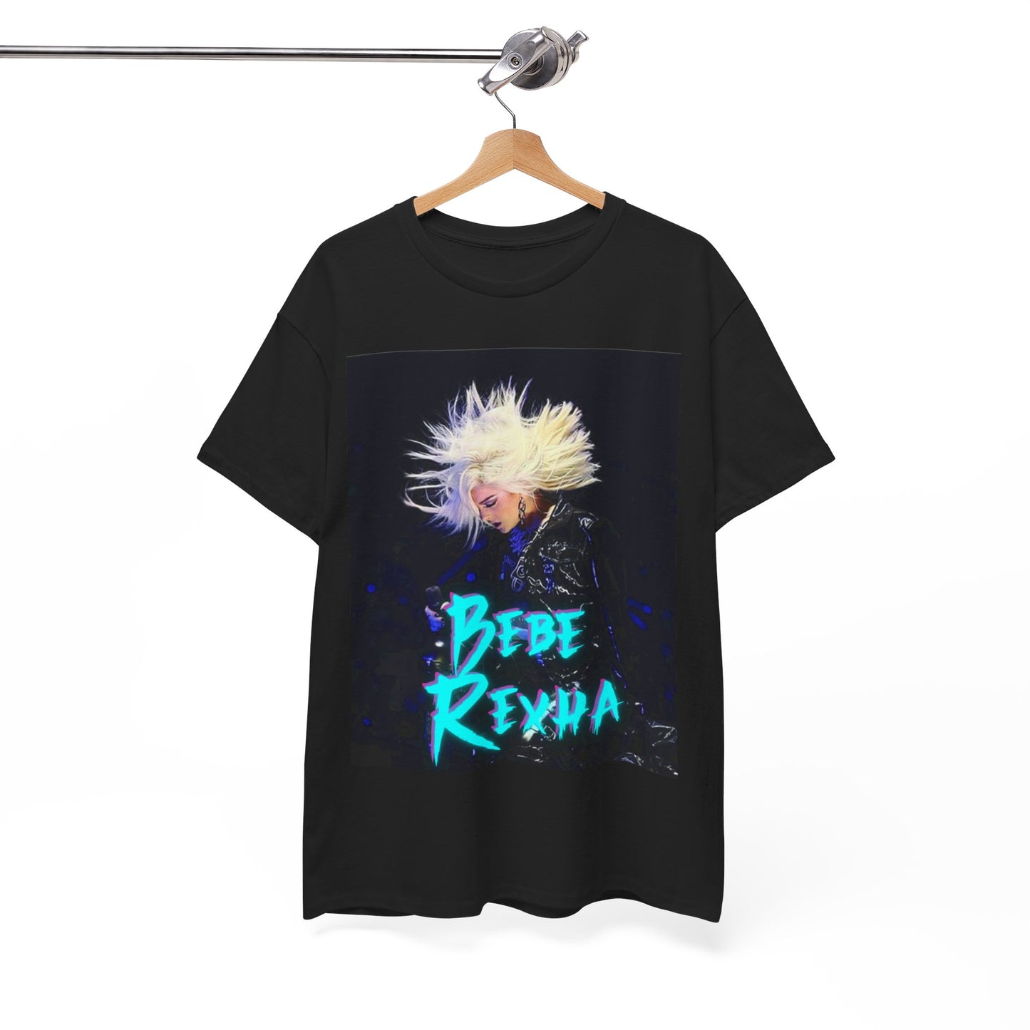A black graphic t-shirt featuring a retro-style graphic of Bebe Rexha in a posed, aesthetic manner.