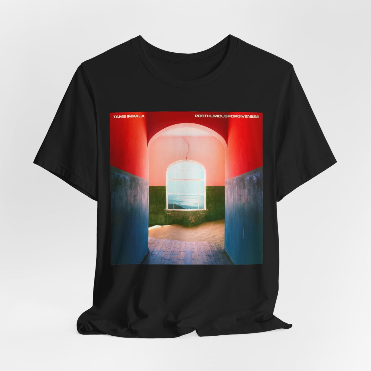 A black graphic t-shirt featuring a graphic related to Tame Impala's song 'Posthumous Forgiveness'.