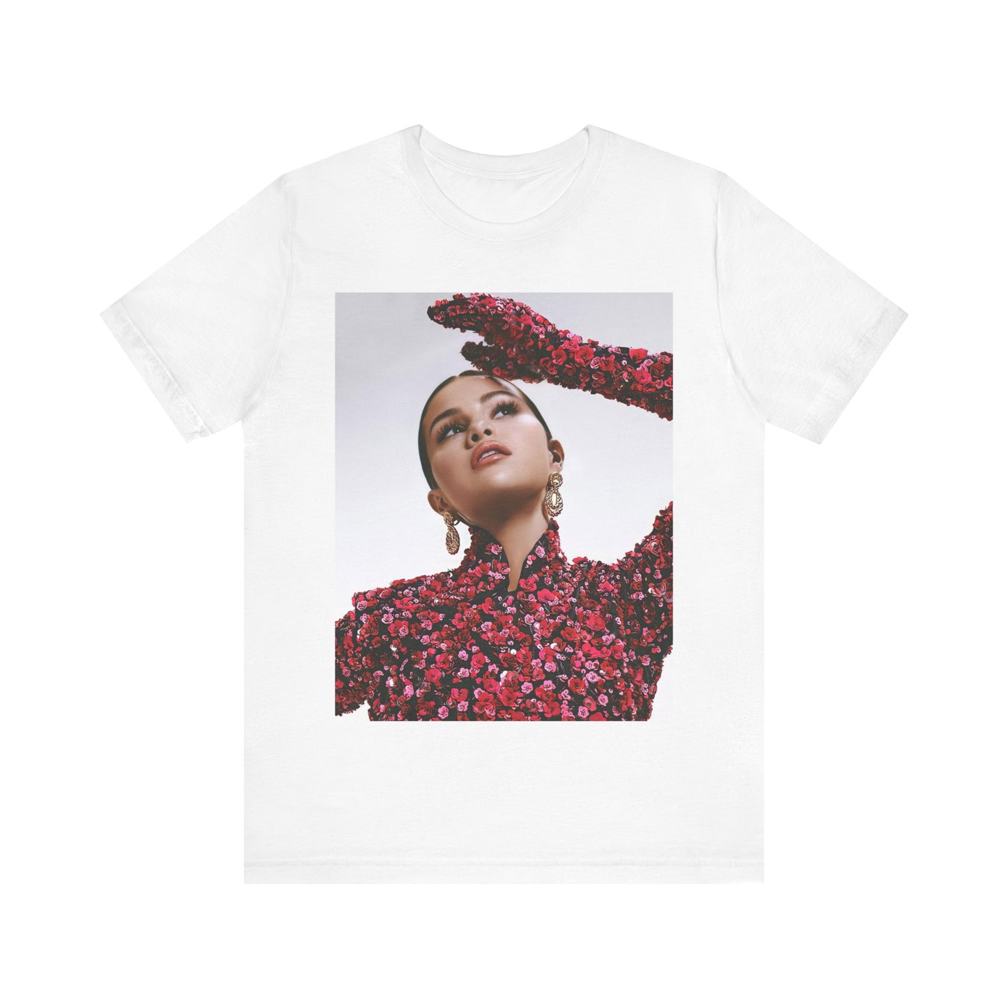 A black graphic t-shirt featuring a classic aesthetic graphic of Selena Gomez.