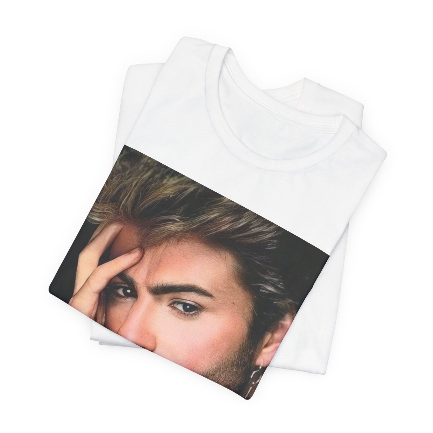 A black graphic t-shirt featuring a graphic of George Michael with a feel-good 80s vibe.