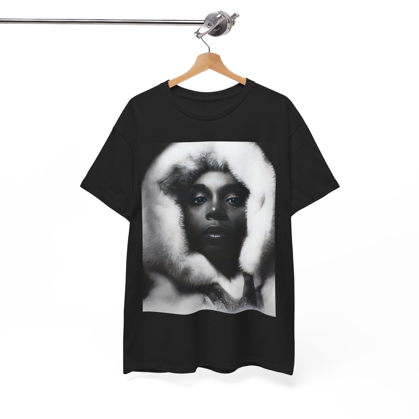 A black graphic t-shirt featuring a black and white, monochrome graphic or portrait of Donna Summer.