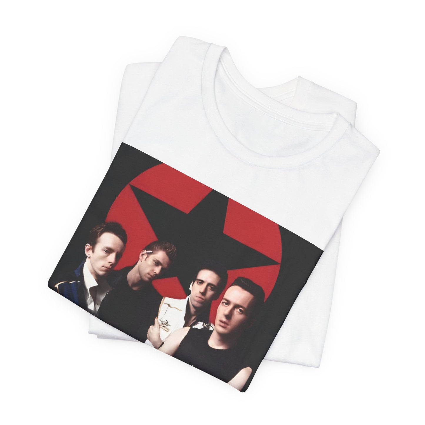 A black graphic t-shirt featuring a graphic related to The Clash's 'Should I Stay or Should I Go' song or era.