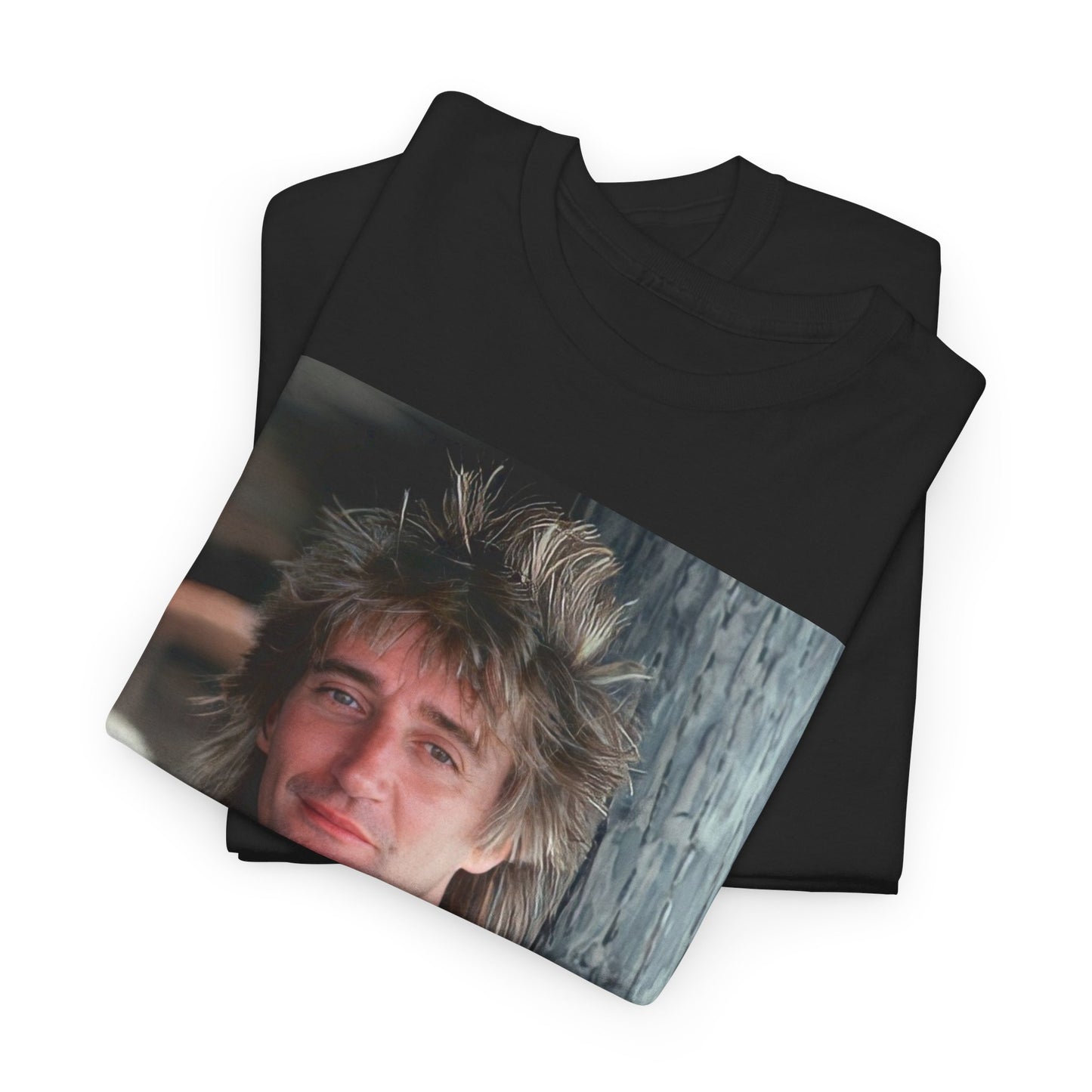 A black graphic t-shirt featuring a graphic of Rod Stewart as a cool British rocker.