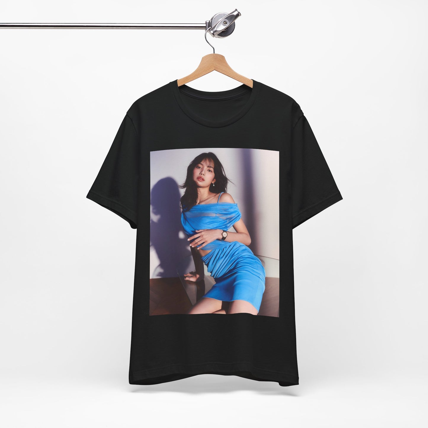 A black graphic t-shirt featuring a bold K-Pop superstar graphic of Lisa.