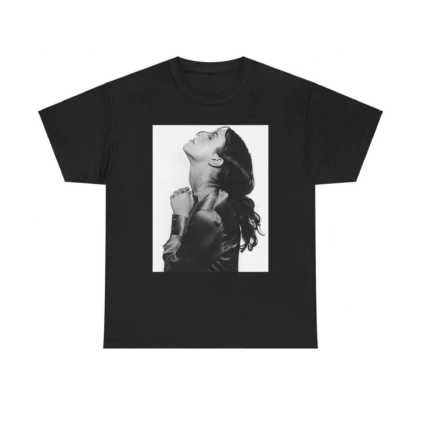 A black graphic t-shirt featuring a vintage black and white portrait of Alanis Morissette, showing her with a poised and thoughtful expression.