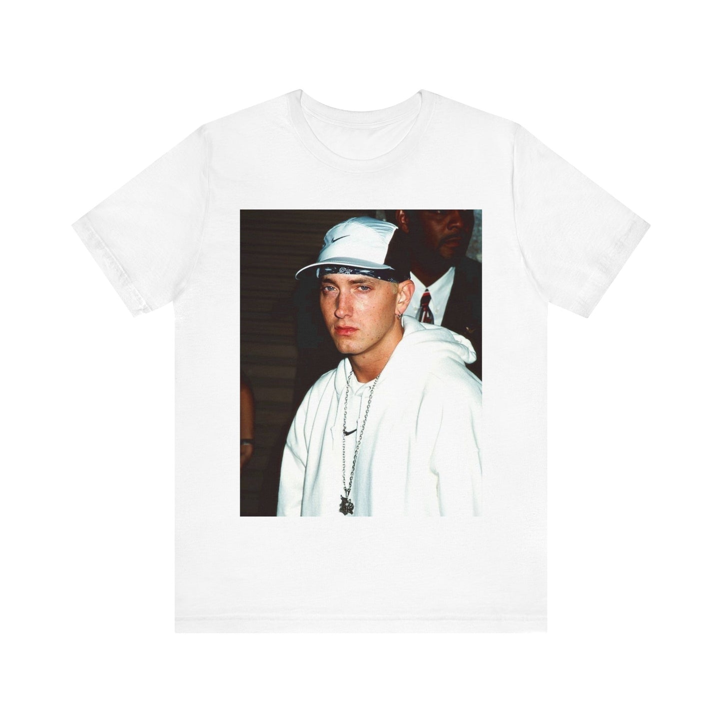 A black graphic t-shirt featuring a retro graphic or photo of Eminem in a backstage setting.