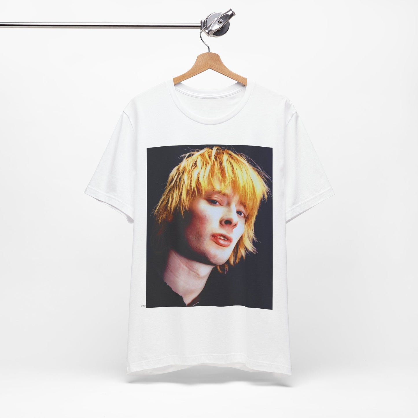 A black graphic t-shirt featuring an aesthetic graphic of Thom Yorke from Radiohead.